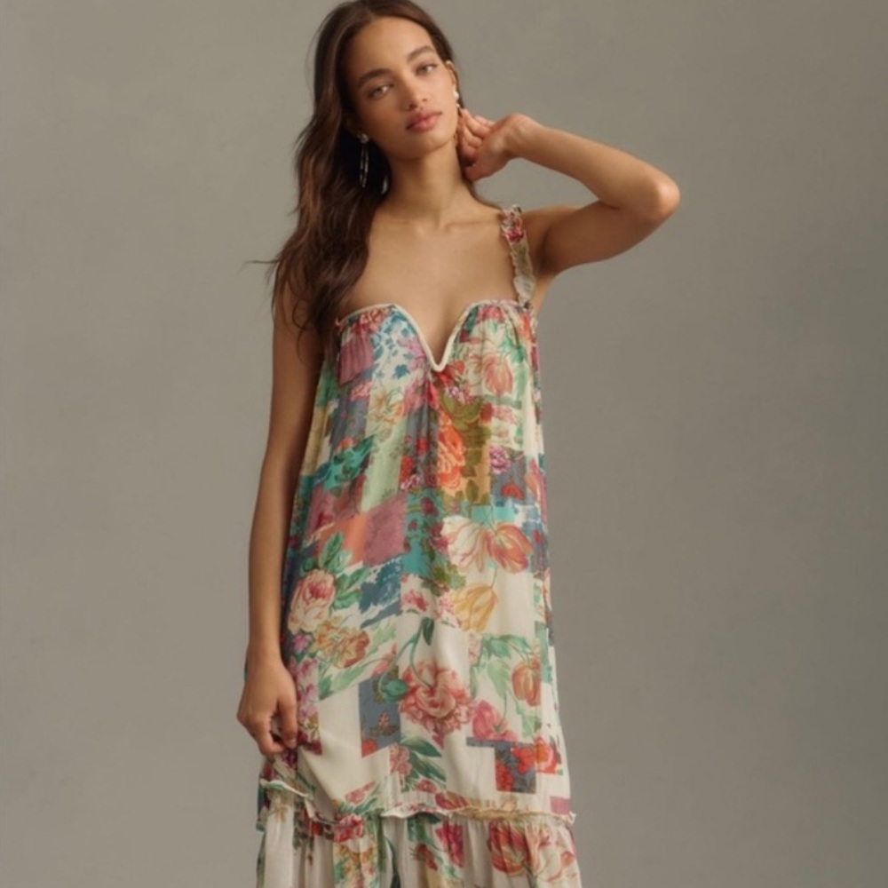 Anthropologie Floral Patchwork Maxi Dress in Cream, Pink, Green, Blue